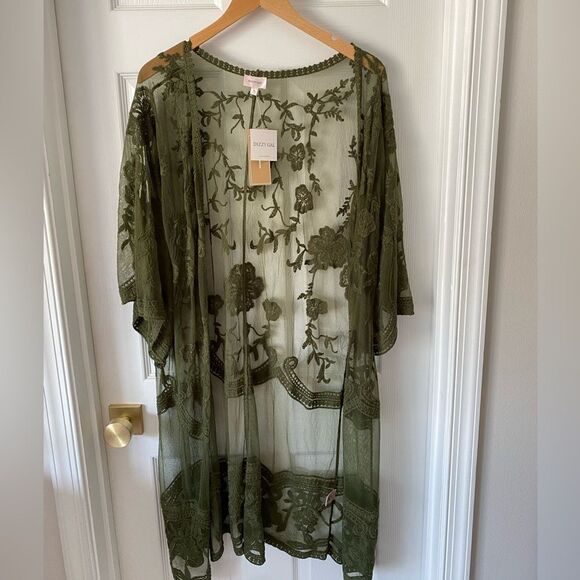 Dizzy Gal NWT Olive Green Lace Cardigan Shawl - Sz M - Picture 1 of 5